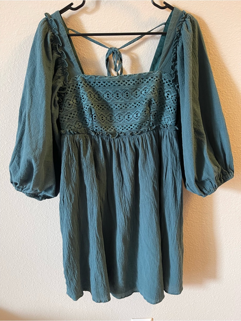 Listicle Puff Sleeve Lace Cotton Dress Hunter Green Size Medium